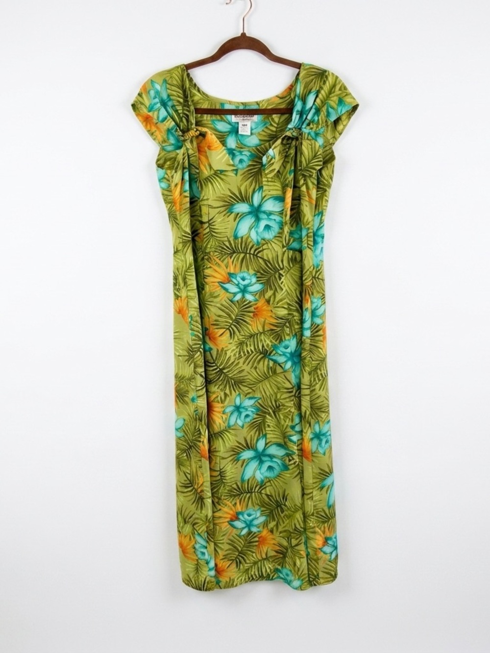 Miss Dorby Petite Tropical Floral Midi Dress Green Blue Hibiscus Bow Shoulder 8P